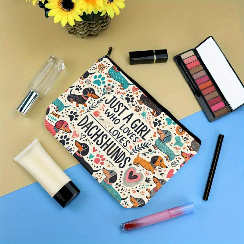 Dachshund-Themed Linen Makeup Bag - "Just a Girl Who Loves Dachshunds" Design, Odorless, Secure Zipper Closure, Multi-Functional Travel Cosmetic Pouch for Women, Ideal Gift for Christmas, Birthdays, Graduations, Travel Makeup