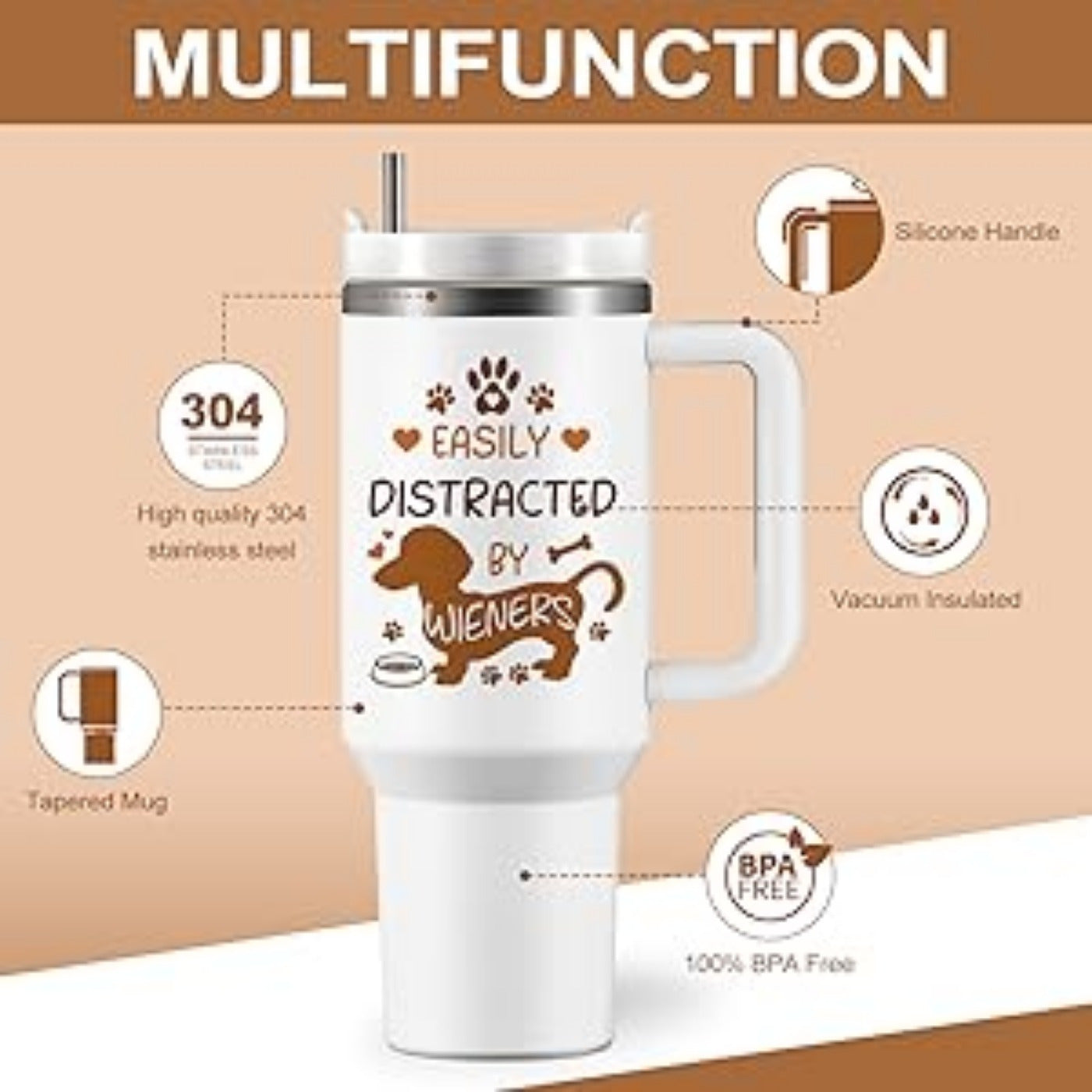 40oz Dachshund-Themed Stainless Steel Tumbler with Handle and Straw Lid – Ideal Gift for Dog Lovers, Wiener Dog Facts Design, Leak-Proof, Double-Wall Vacuum Insulated, Includes Cleaning Brush