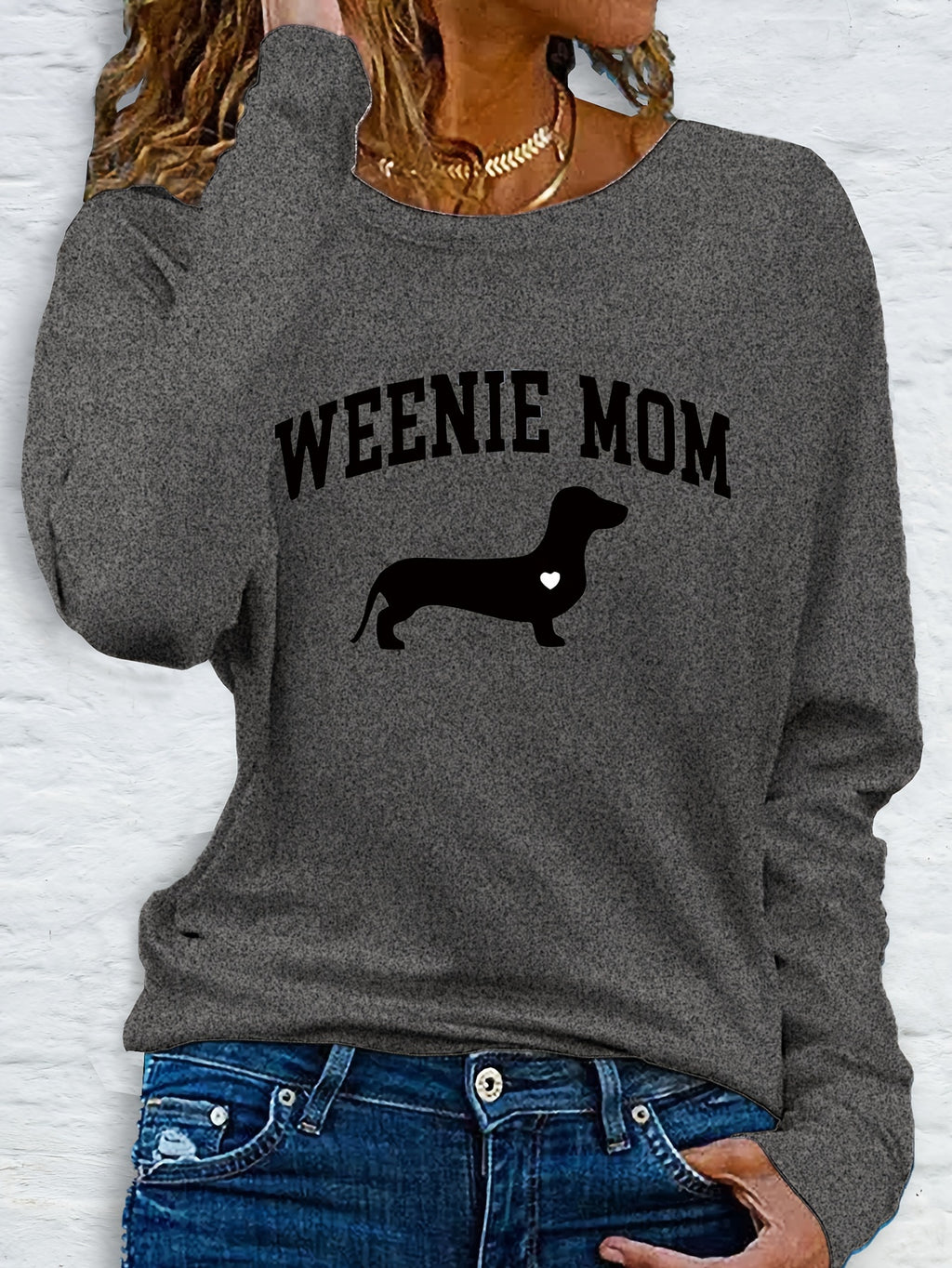 1pc Women'S Casual Long Sleeve T-Shirt with "Weenie Mom" Dachshund Print, Polyester Crew Neck Top for Spring & Fall, Regular Fit Letter Print Tee
