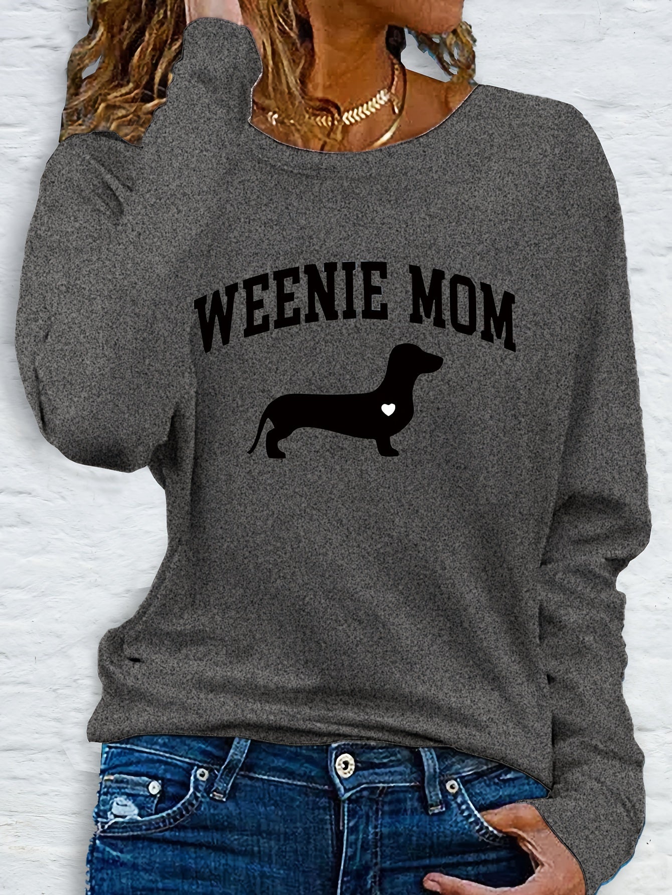 1pc Women'S Casual Long Sleeve T-Shirt with "Weenie Mom" Dachshund Print, Polyester Crew Neck Top for Spring & Fall, Regular Fit Letter Print Tee