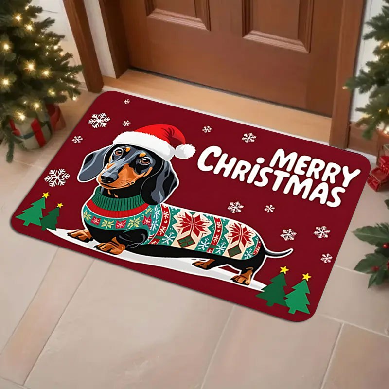 Festive Dachshund Christmas Doormat - Non-Slip Soft Indoor/Outdoor Entry Mat with Cute Dachshund in Santa Hat & Sweater, Plaid & Snowflake Design, "Merry Christmas" Lettering - Machine Washable Holiday Home Decor for Front Do