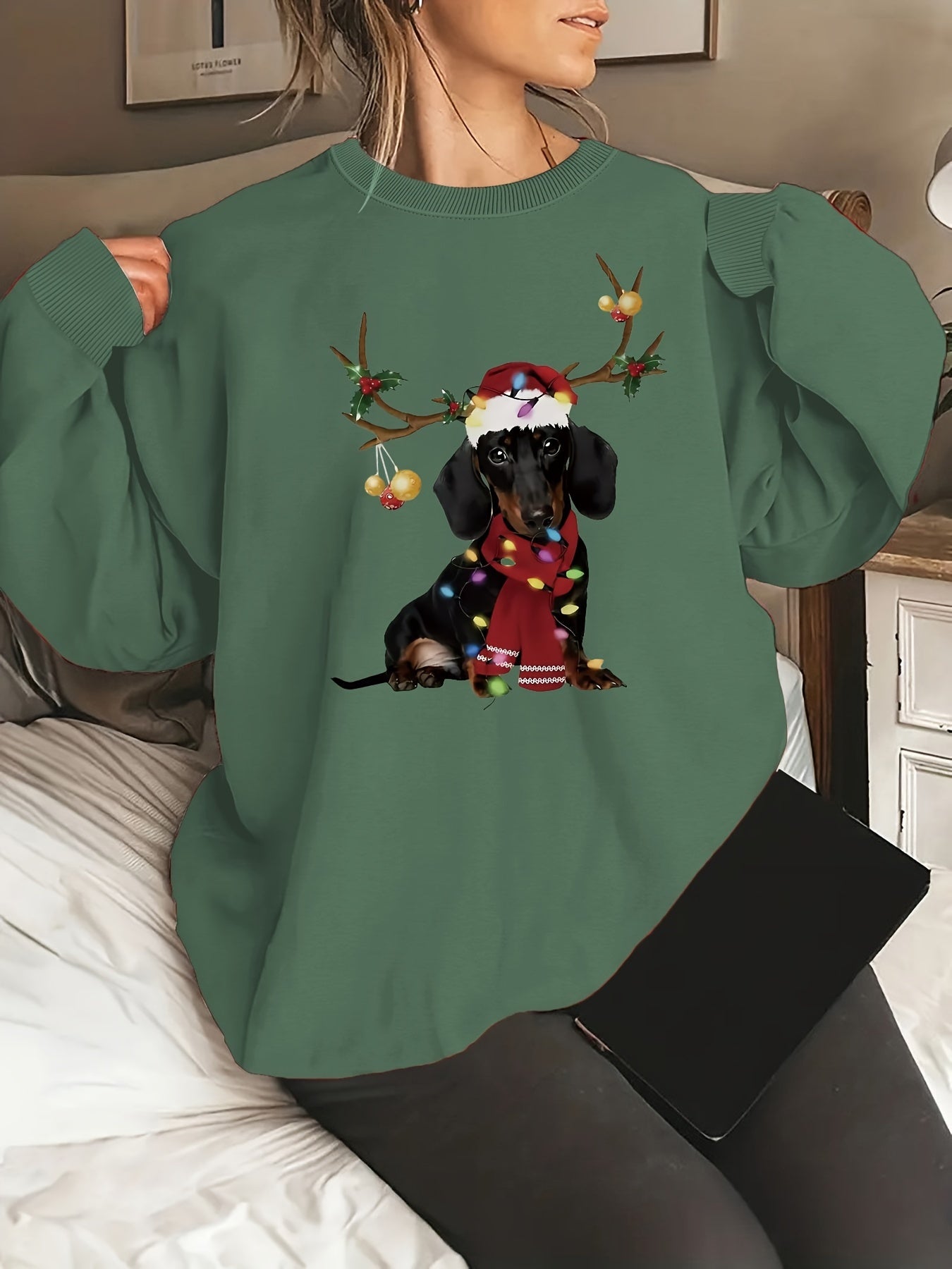 Cozy Women's Festive Dachshund Print Sweatshirt - Polyester Crew Neck Casual Knit Fabric Animal Pattern Regular Length Fashion Top for All Seasons