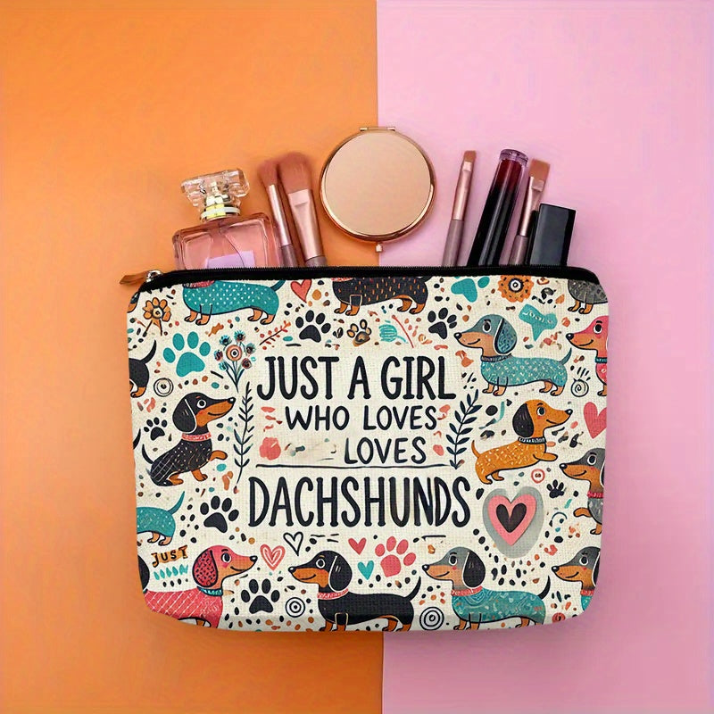 Dachshund-Themed Linen Makeup Bag - "Just a Girl Who Loves Dachshunds" Design, Odorless, Secure Zipper Closure, Multi-Functional Travel Cosmetic Pouch for Women, Ideal Gift for Christmas, Birthdays, Graduations, Travel Makeup