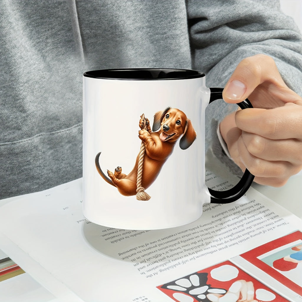 Ceramic Insulated Coffee Mug 11oz | Playful Dachshund Double-Sided Print | Microwave & Dishwasher Safe Mug for Home, Office, Party | Unique Gift for Men, Husband, Dad | 1 Piece