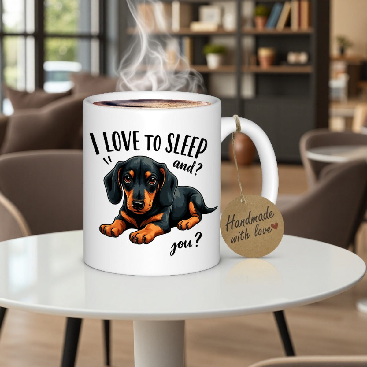 Adorable taza con un perro salchicha y la divertida frase "Me encanta dormir", perfecta para los amantes del café y el té. Un regalo ideal para fans, con un diseño divertido con un gráfico de perro salchicha.