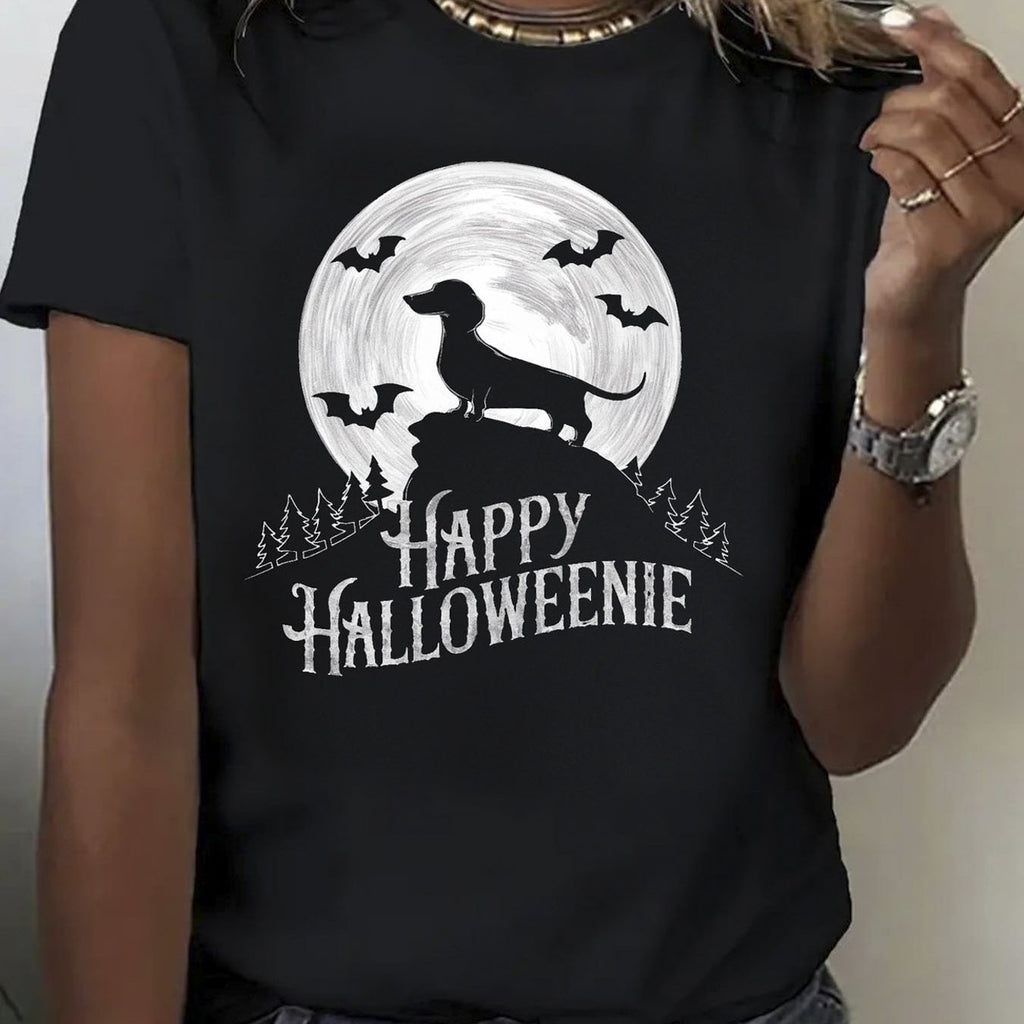 100% Pure, Dachshund Happy Pattern Printed T-Shirt for Spring And Summer Round Neck Short Sleeved Women'S T-Shirt, Pure Breathable Casual Sports Top, Holiday Gift