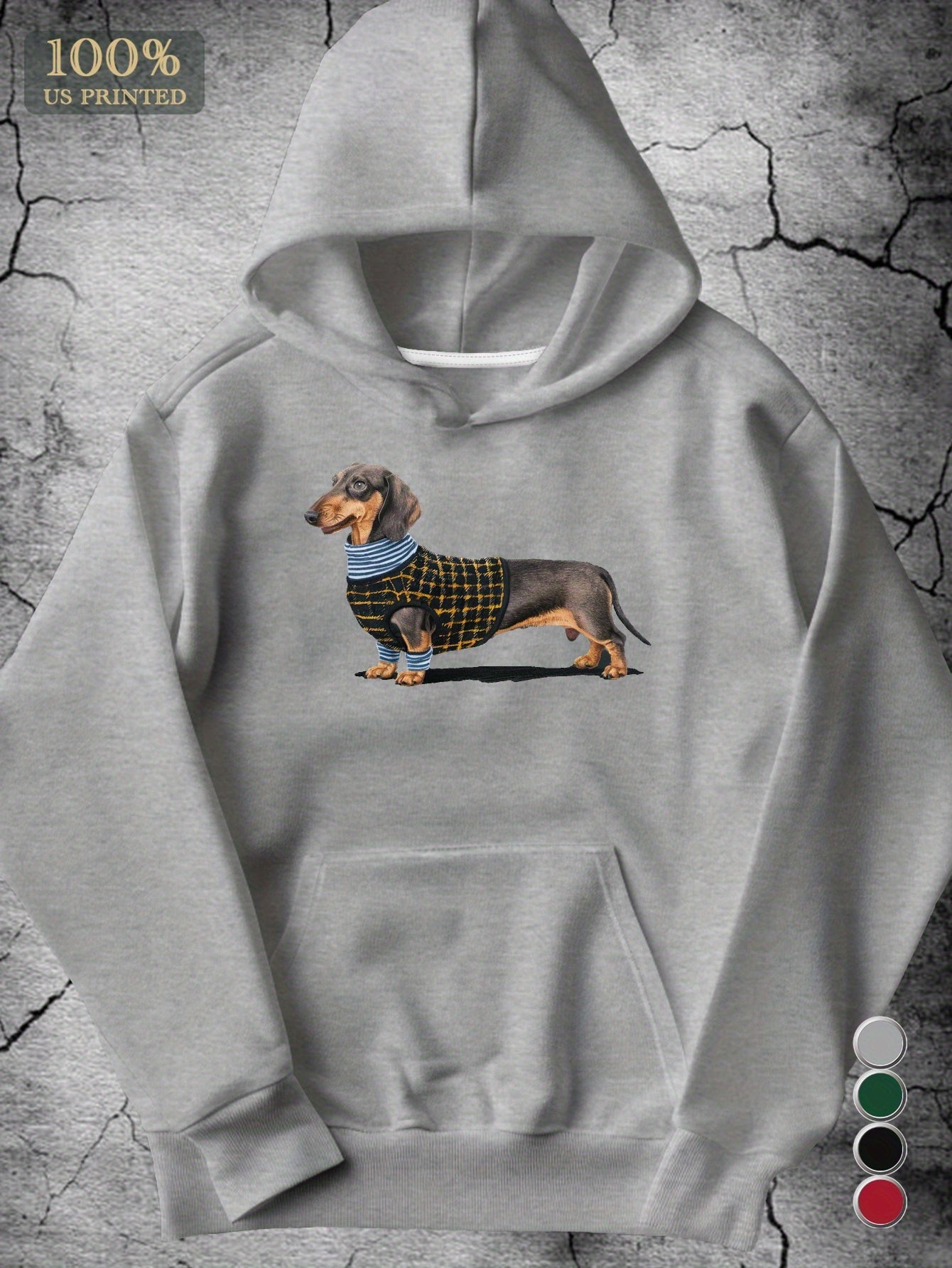 Men's Cozy Dachshund Embroidered Hoodie - Gray Geometric Design with Pockets, Sleeve Casual Sweatshirt for Fall/Winter, Machine Washable, Cozy Dog Sweater | Relaxed Fit Hoodie | Embroidered Dog Design, Dog Hoodie