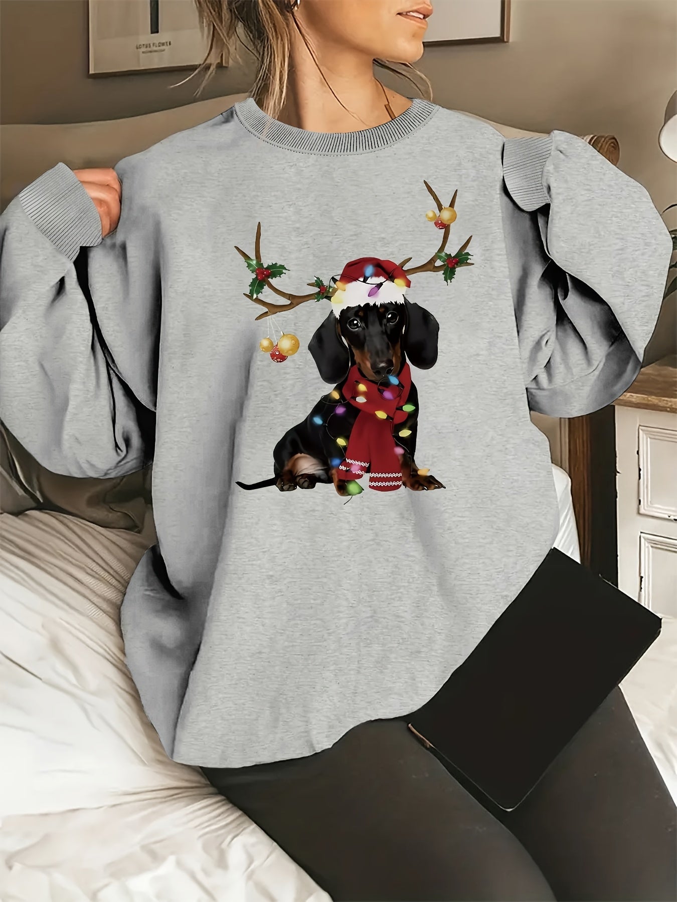 Cozy Women's Festive Dachshund Print Sweatshirt - Polyester Crew Neck Casual Knit Fabric Animal Pattern Regular Length Fashion Top for All Seasons