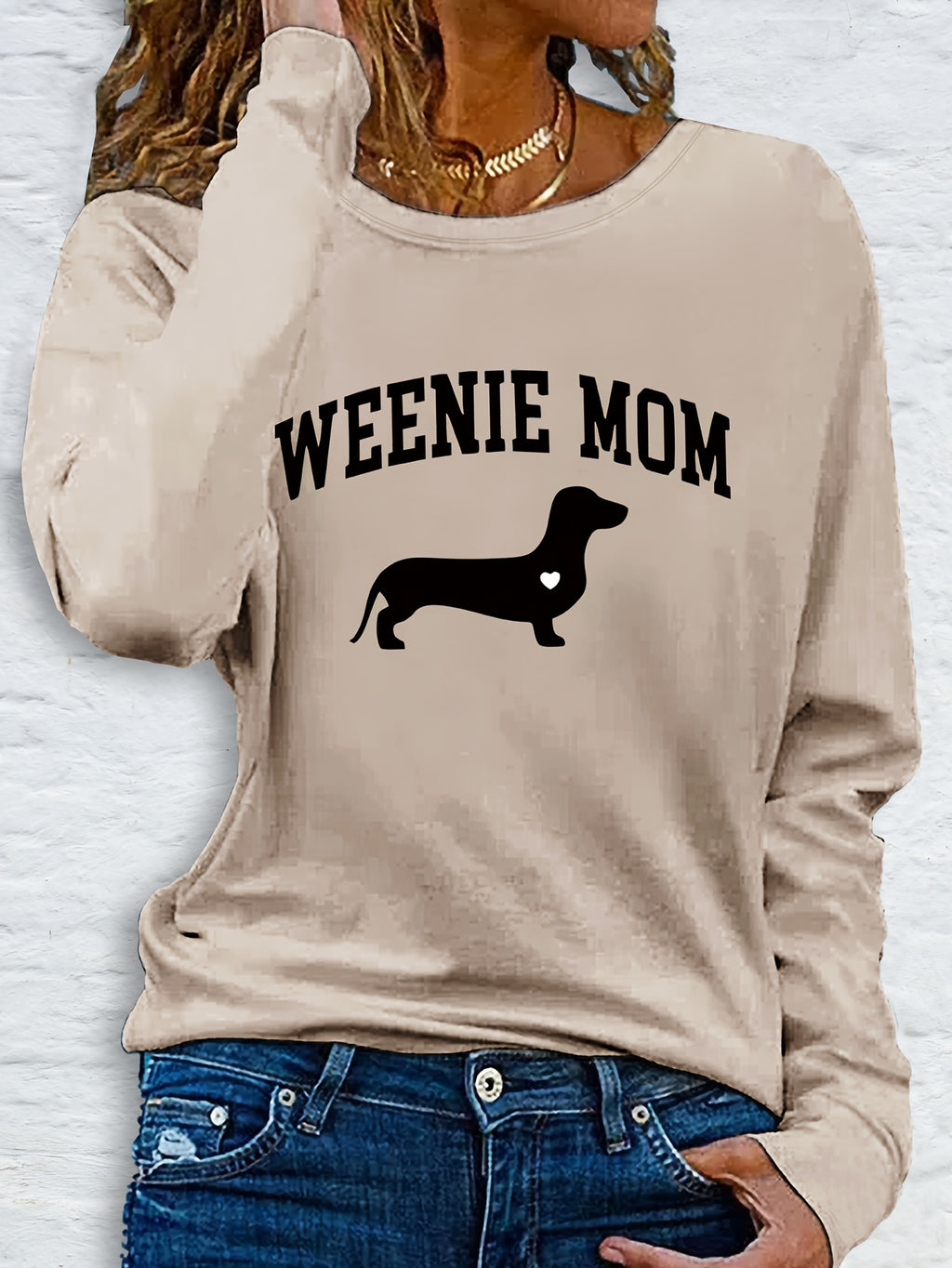 1pc Women'S Casual Long Sleeve T-Shirt with "Weenie Mom" Dachshund Print, Polyester Crew Neck Top for Spring & Fall, Regular Fit Letter Print Tee