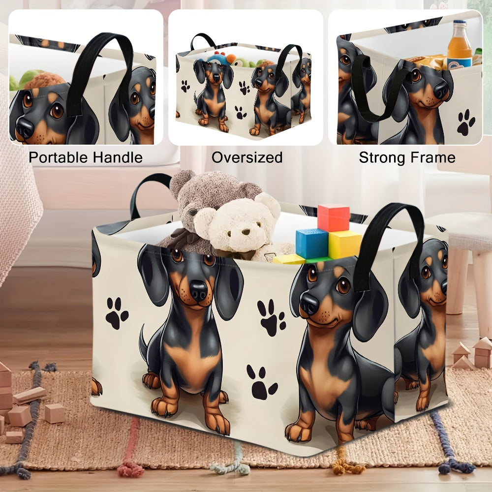 1pc Dachshund Art Print 2D Flat Themed Foldable Storage Basket | Extra Large Organizer with Sturdy Handles, Ideal for Laundry, Clothes, and Gifts, Made of Polyester, Shelf Baskets