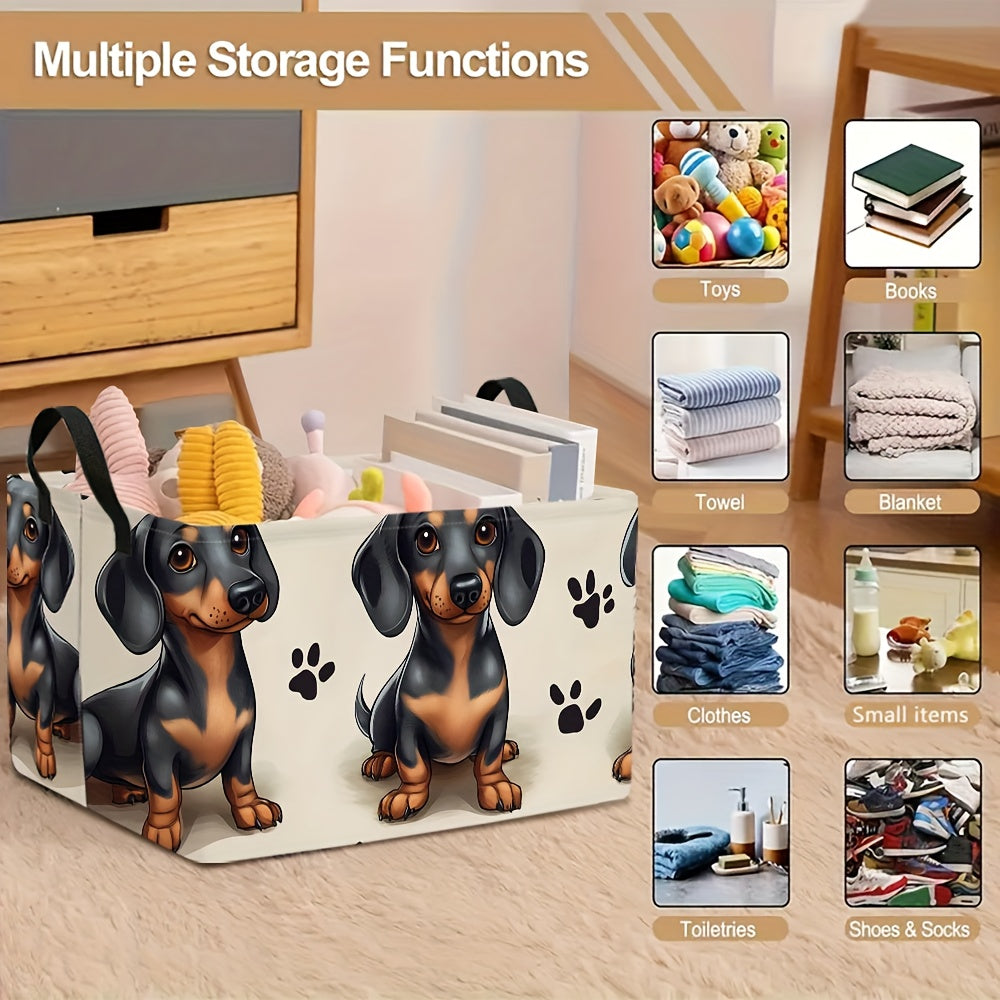 1pc Dachshund Art Print 2D Flat Themed Foldable Storage Basket | Extra Large Organizer with Sturdy Handles, Ideal for Laundry, Clothes, and Gifts, Made of Polyester, Shelf Baskets