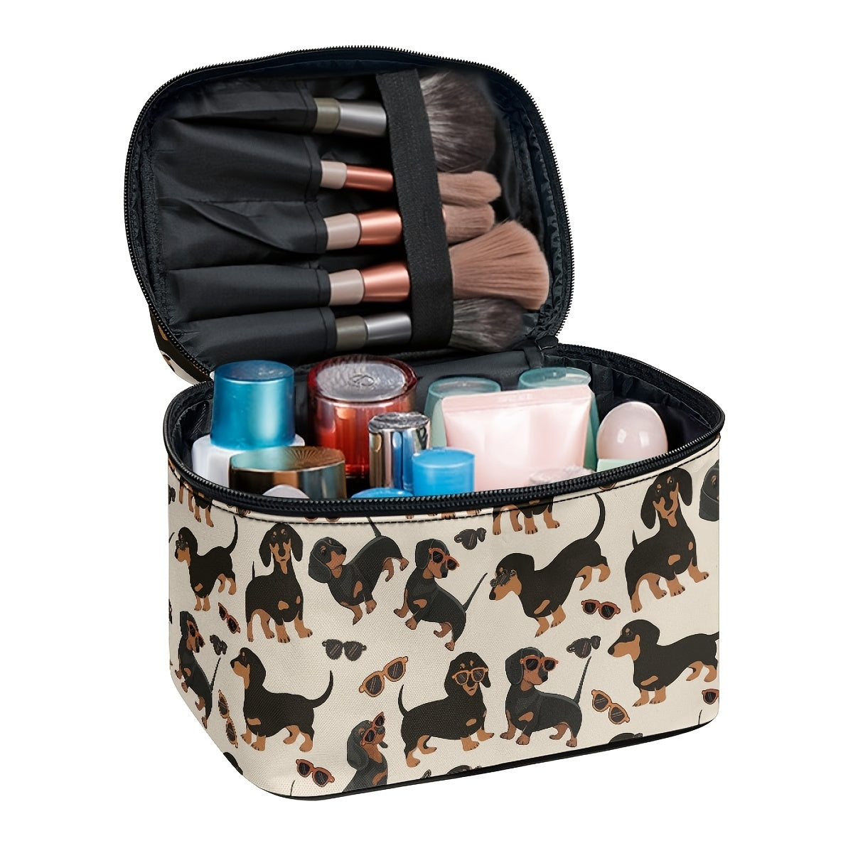 1pc Dachshund & Cat Pattern Handbag Cosmetic Bag, Portable Travel Makeup Organizer with Brush and Accessory Storage, Large Capacity Toiletry Case, Cute Fashionable Polyester Makeup Pouch