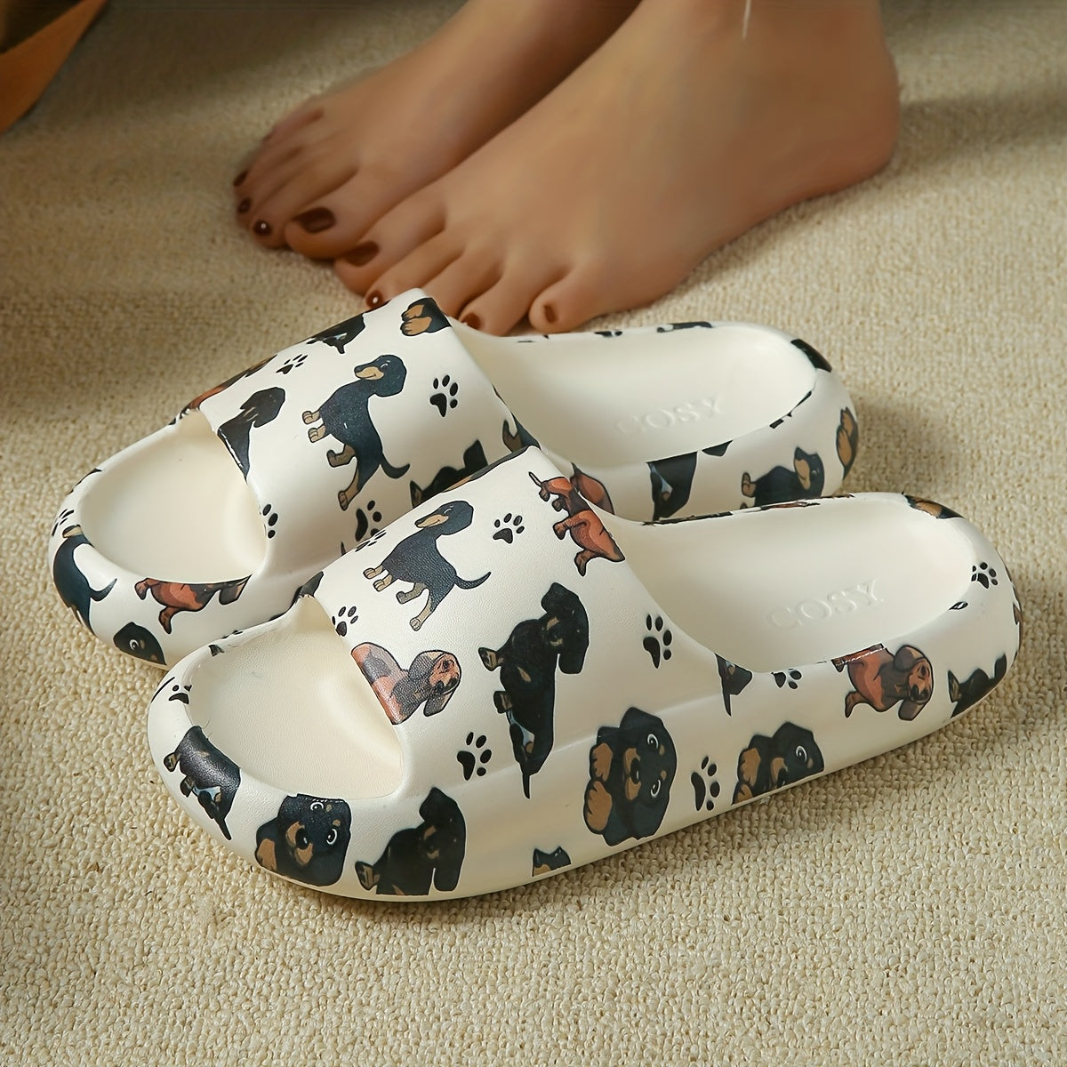 Lightweight Design] Women's Cute Dachshund Print Slides - Soft, Comfortable, Non-Slip EVA Indoor & Bathroom Slippers, Lightweight Animal Design for All Seasons