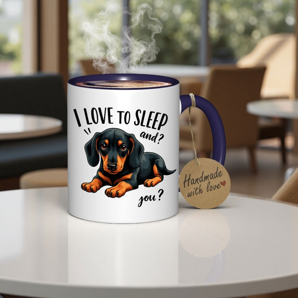 Adorable taza con un perro salchicha y la divertida frase "Me encanta dormir", perfecta para los amantes del café y el té. Un regalo ideal para fans, con un diseño divertido con un gráfico de perro salchicha.