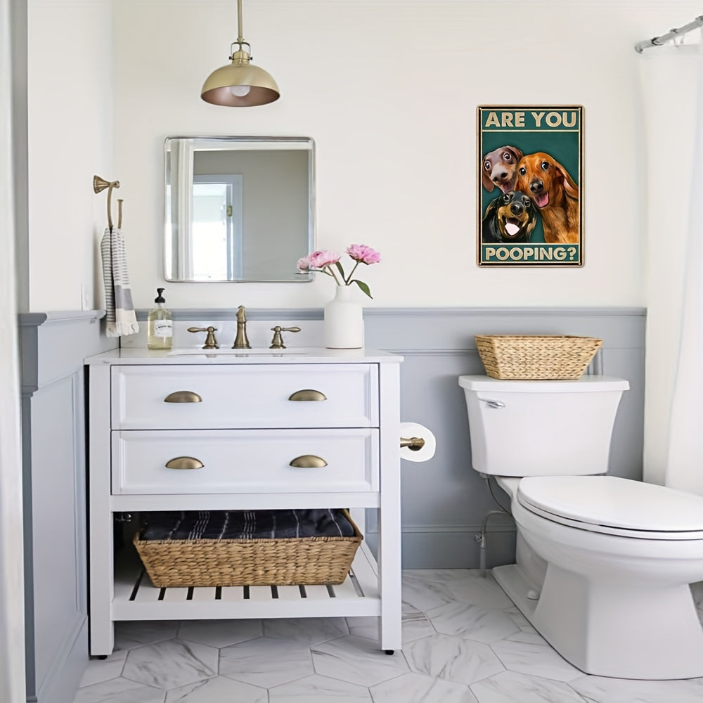 "Are You Pooping?" Dachshund Vintage Tin Sign – 8x12 Funny Metal Bathroom Wall Decor & Novelty Plaque