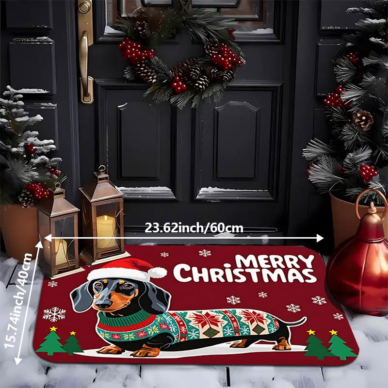 Festive Dachshund Christmas Doormat - Non-Slip Soft Indoor/Outdoor Entry Mat with Cute Dachshund in Santa Hat & Sweater, Plaid & Snowflake Design, "Merry Christmas" Lettering - Machine Washable Holiday Home Decor for Front Do