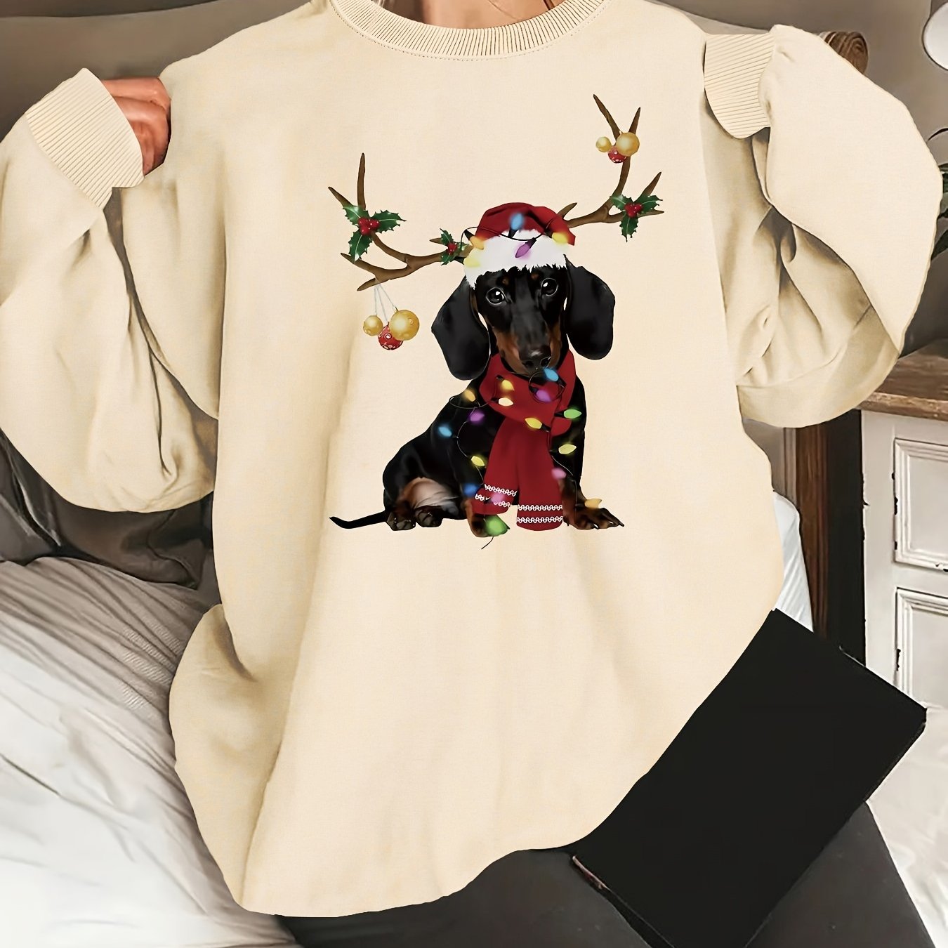 Cozy Women's Festive Dachshund Print Sweatshirt - Polyester Crew Neck Casual Knit Fabric Animal Pattern Regular Length Fashion Top for All Seasons