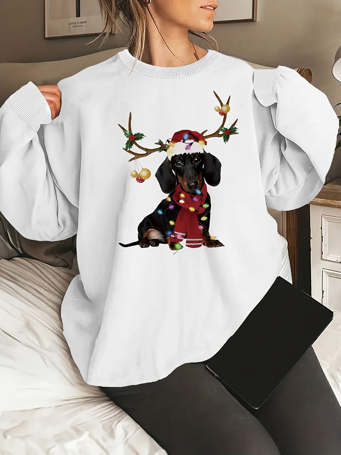 Cozy Women's Festive Dachshund Print Sweatshirt - Polyester Crew Neck Casual Knit Fabric Animal Pattern Regular Length Fashion Top for All Seasons