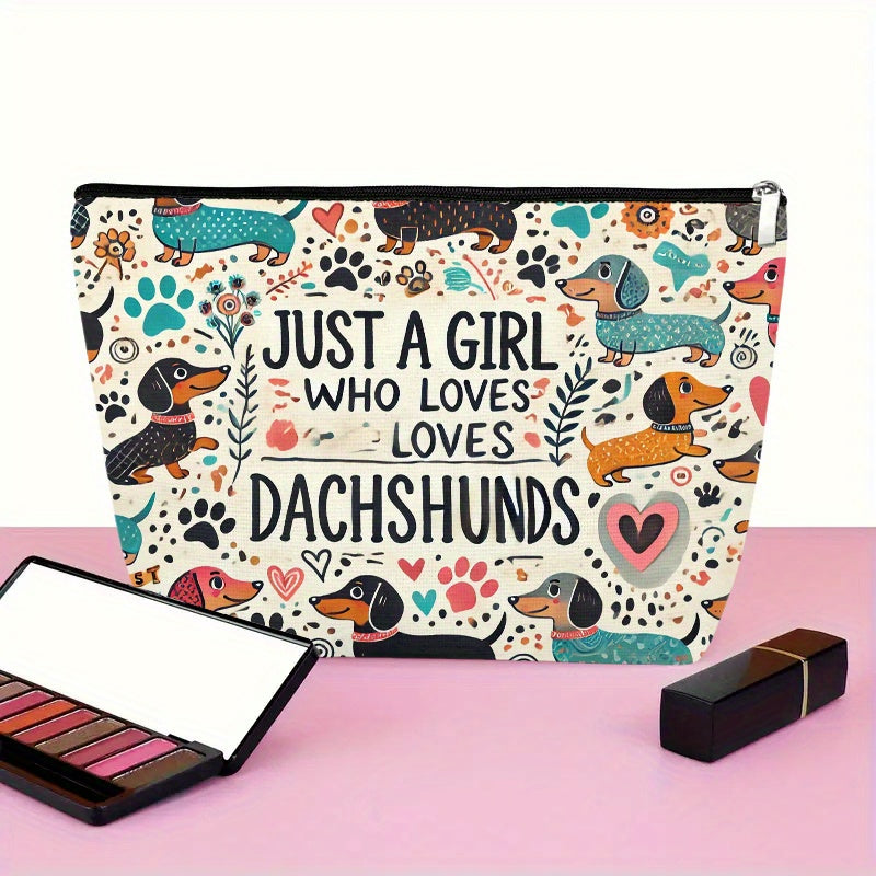 Dachshund-Themed Linen Makeup Bag - "Just a Girl Who Loves Dachshunds" Design, Odorless, Secure Zipper Closure, Multi-Functional Travel Cosmetic Pouch for Women, Ideal Gift for Christmas, Birthdays, Graduations, Travel Makeup