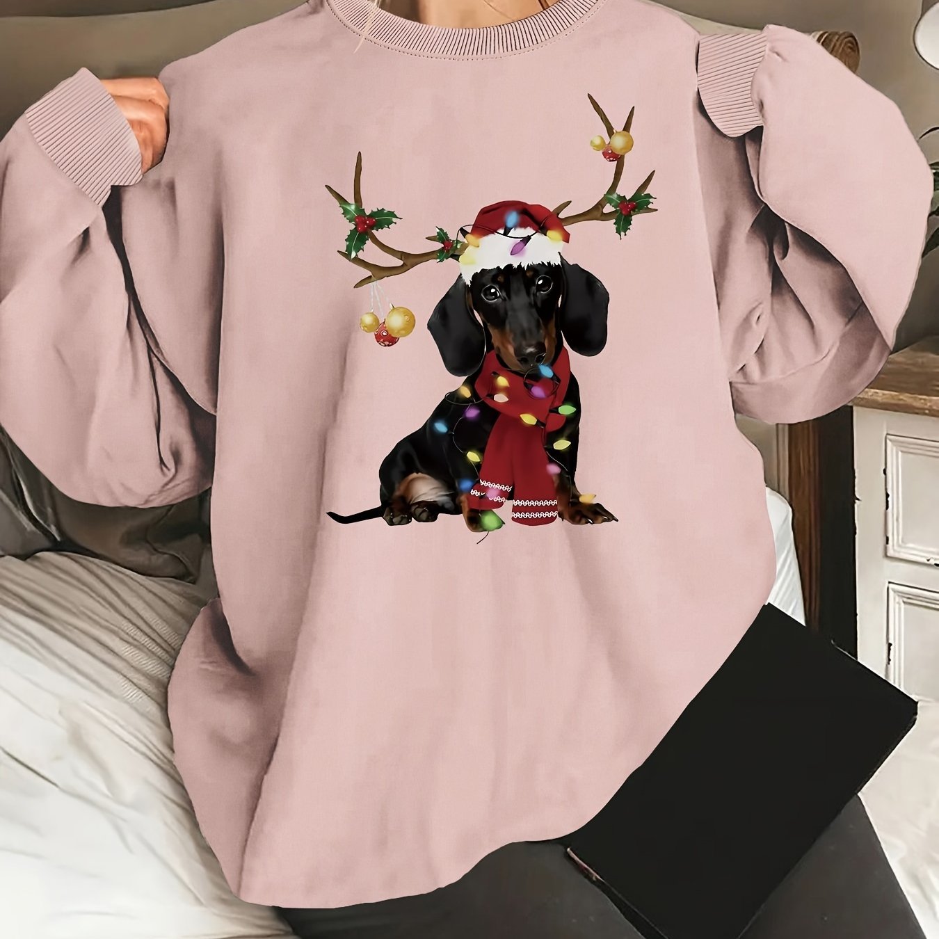 Cozy Women's Festive Dachshund Print Sweatshirt - Polyester Crew Neck Casual Knit Fabric Animal Pattern Regular Length Fashion Top for All Seasons