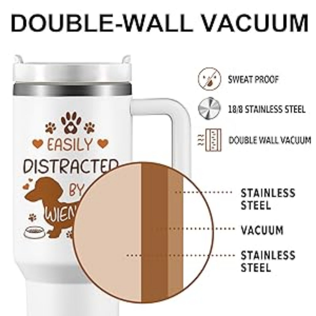 40oz Dachshund-Themed Stainless Steel Tumbler with Handle and Straw Lid – Ideal Gift for Dog Lovers, Wiener Dog Facts Design, Leak-Proof, Double-Wall Vacuum Insulated, Includes Cleaning Brush
