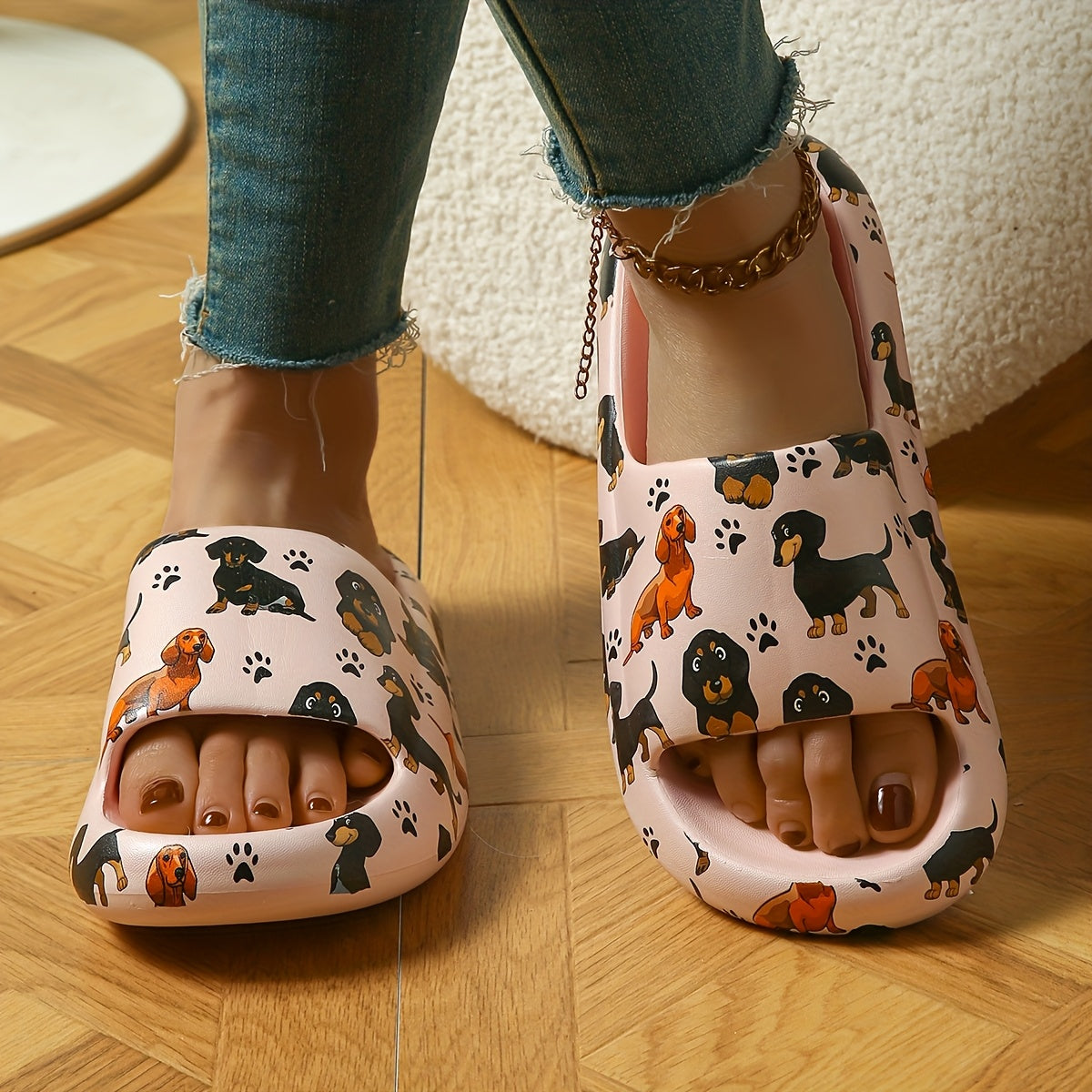 Lightweight Design] Women's Cute Dachshund Print Slides - Soft, Comfortable, Non-Slip EVA Indoor & Bathroom Slippers, Lightweight Animal Design for All Seasons