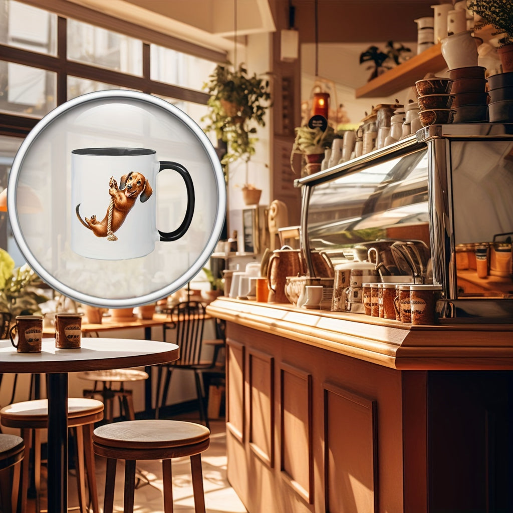 Ceramic Insulated Coffee Mug 11oz | Playful Dachshund Double-Sided Print | Microwave & Dishwasher Safe Mug for Home, Office, Party | Unique Gift for Men, Husband, Dad | 1 Piece