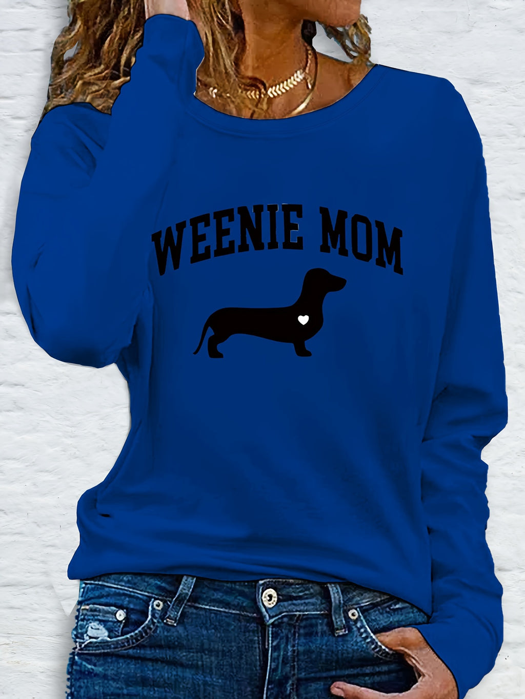 1pc Women'S Casual Long Sleeve T-Shirt with "Weenie Mom" Dachshund Print, Polyester Crew Neck Top for Spring & Fall, Regular Fit Letter Print Tee