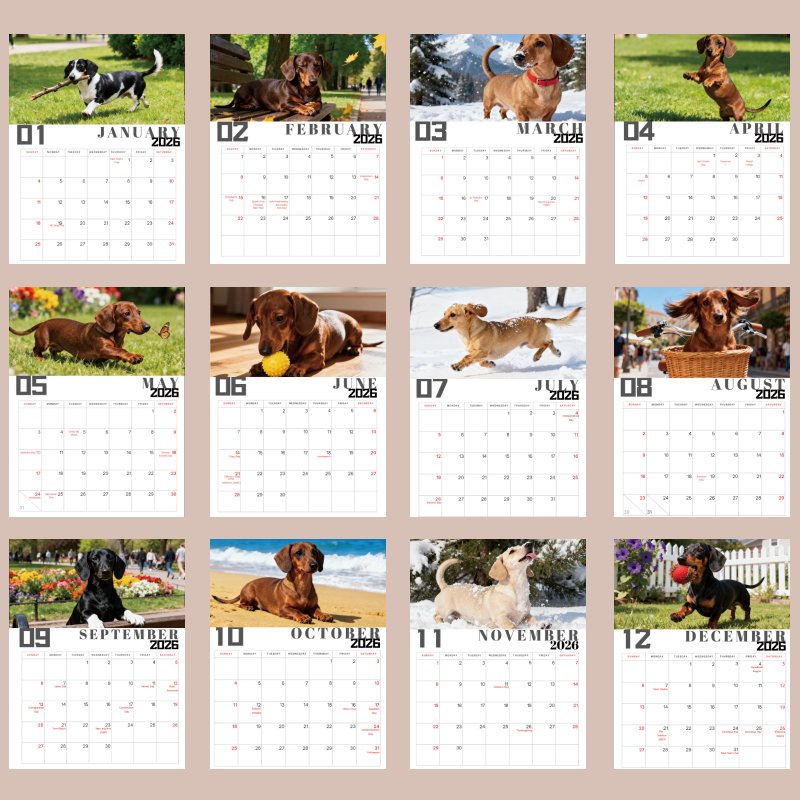 Calendario de pared de perro salchicha 2026 - 1 unidad (28 x 21 cm) | Calendario de doce meses | Materiales duraderos y alta calidad de impresión | Regalo perfecto para familiares y amigos | Ideal para Navidad y cumpleaños