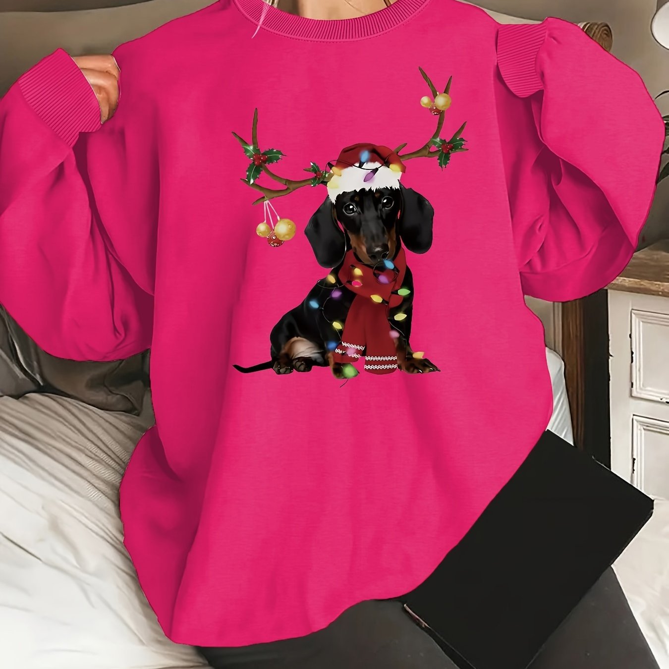 Cozy Women's Festive Dachshund Print Sweatshirt - Polyester Crew Neck Casual Knit Fabric Animal Pattern Regular Length Fashion Top for All Seasons