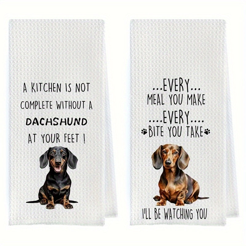 Dachshund Themed Polyester Dish Towels Set - 2 Pack, Waffle Weave Kitchen Hand Towels with Cute Dachshund Prints, Humorous Dog-Themed Gift for Pet Lovers