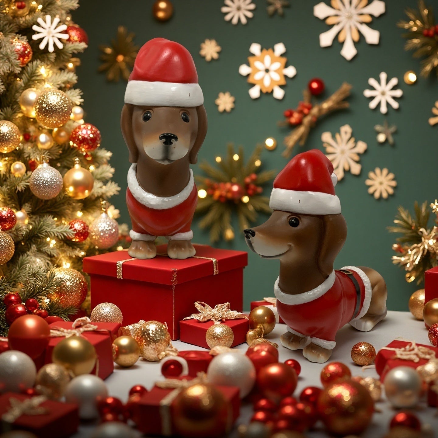 1pc or Multi-Piece Compatible Dachshund Dog Figurine - Elegant Resin Collectible German Shepherd-like Miniature Dachshund Decor with Red & Golden Outfit, Glossy Black-Eyed Design & White Paws - Christmas Tree Base or Tabletop