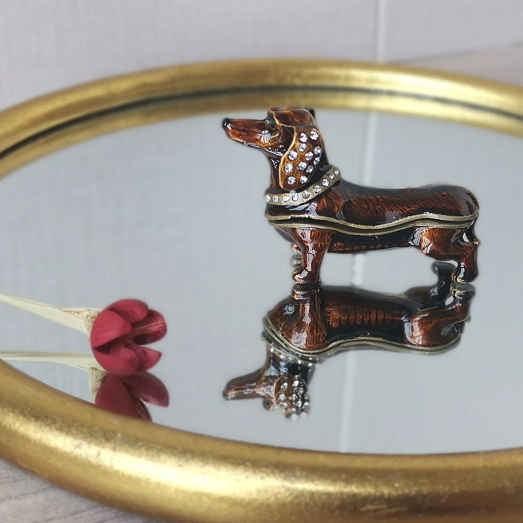 1pc Alloy Steel Bejeweled Dachshund Figurine Trinket Box - Miniature Puppy Sculpture with Glass Hinged Storage, Earrings & Ring Holder for Christmas Decor, Ideal Xmas Gift Ornament