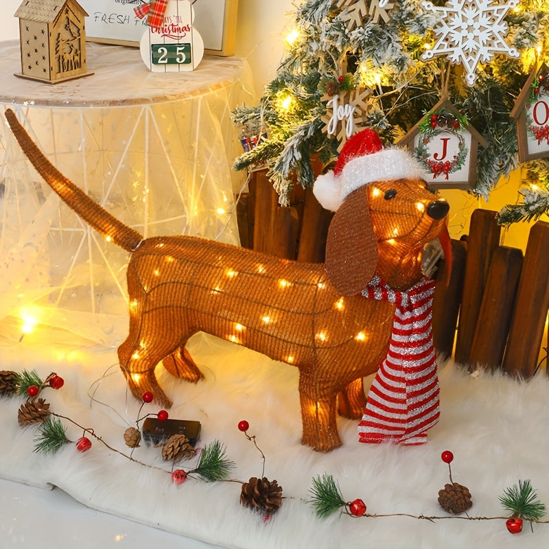 Lighted Dachshund Dog Christmas Decoration, Non-White Light Fabric Animal Holiday Display, Freestanding Battery-Powered Seasonal Decor with Santa Hat and Scarf, No Remote/Batteries - Festive Indoor/Outdoor Ornament
