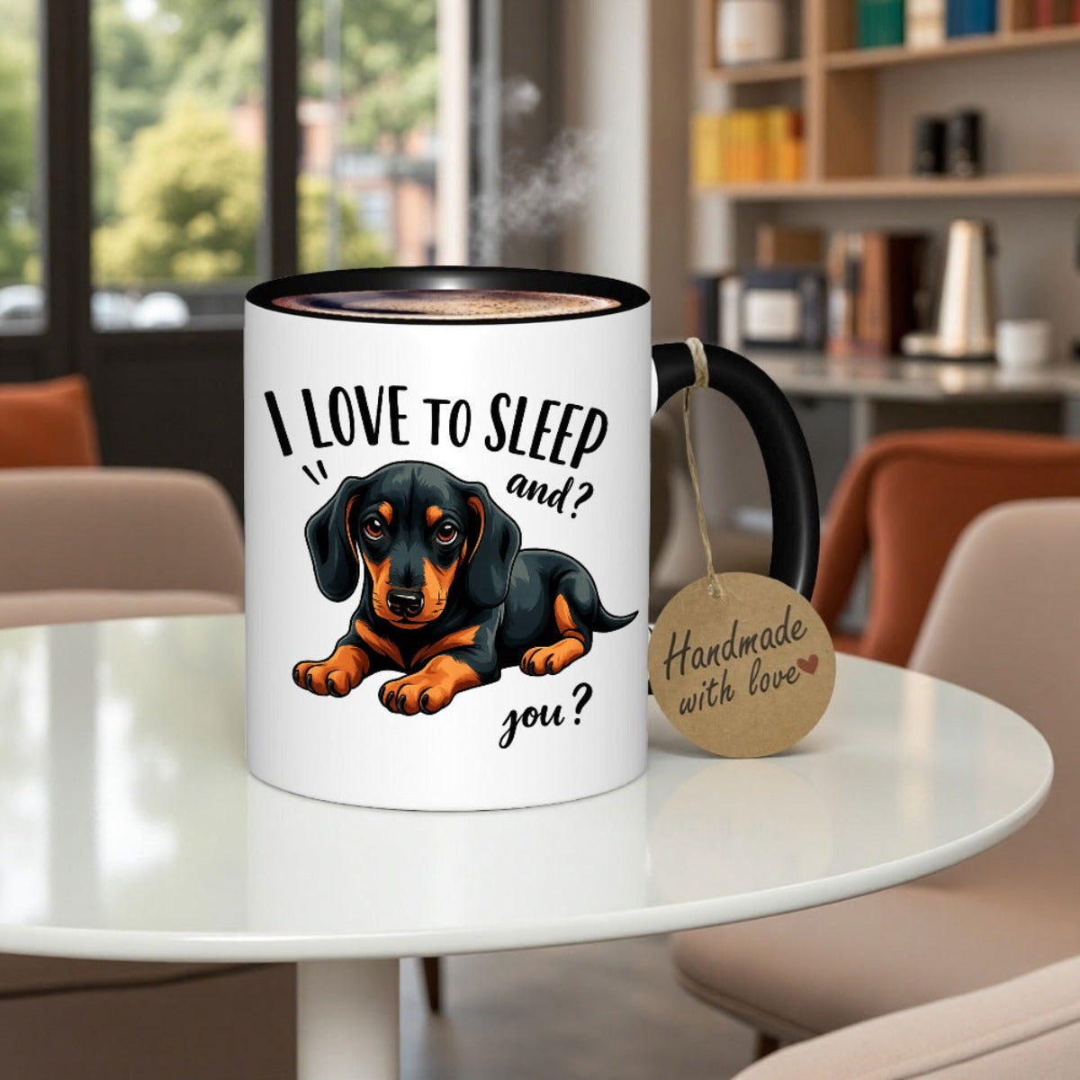 Adorable taza con un perro salchicha y la divertida frase "Me encanta dormir", perfecta para los amantes del café y el té. Un regalo ideal para fans, con un diseño divertido con un gráfico de perro salchicha.