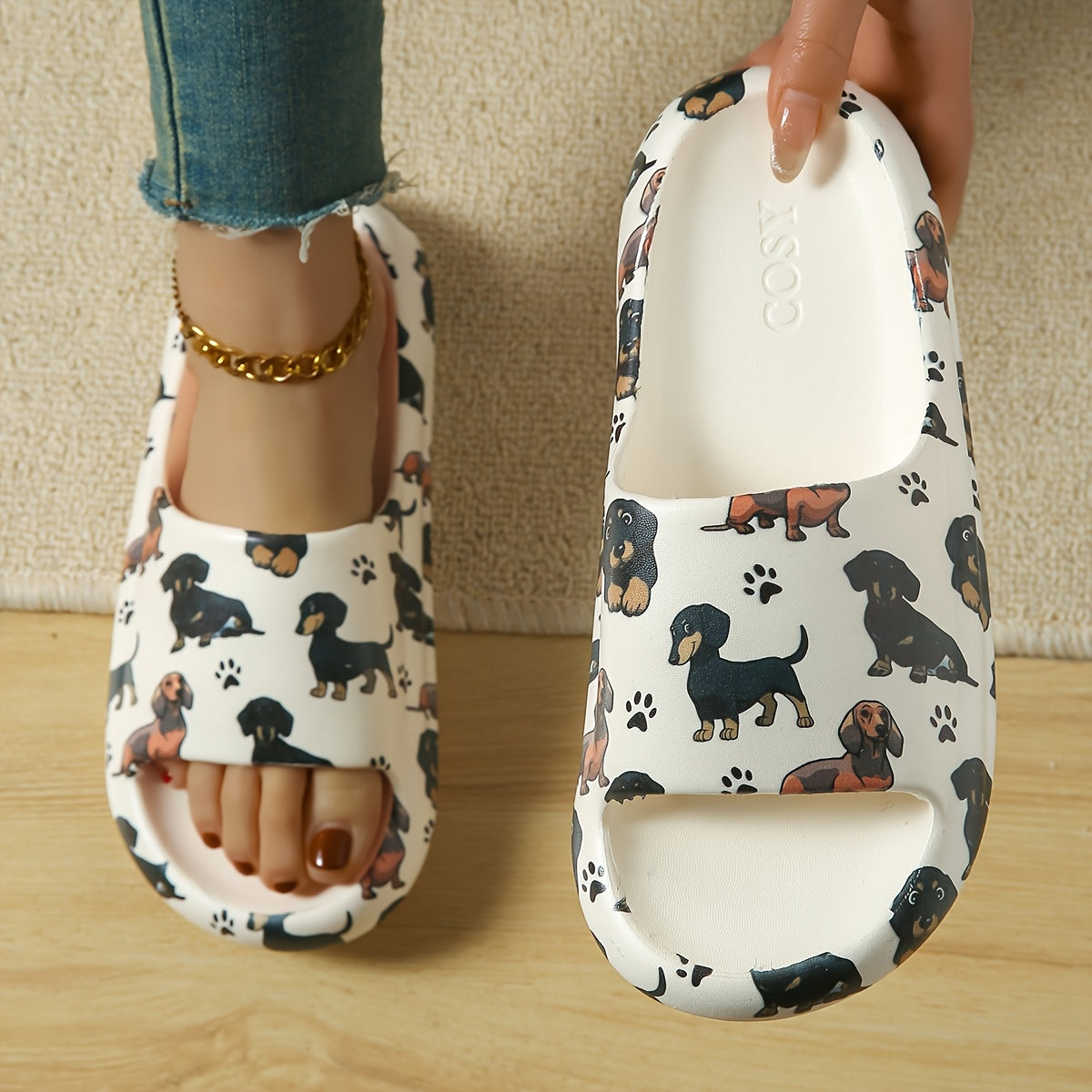 Lightweight Design] Women's Cute Dachshund Print Slides - Soft, Comfortable, Non-Slip EVA Indoor & Bathroom Slippers, Lightweight Animal Design for All Seasons
