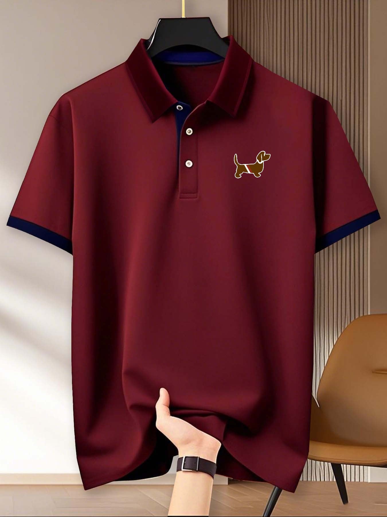 Dachshund Print Men'S Casual Polo Shirt, Short Sleeve for Summer, 100% Polyester, Vacation And Leisure, Comfortable Outdoor Golf Wear, Suitable for Gym, Fitness, Running, And Training, Business Casual Gift for Father And Boyf