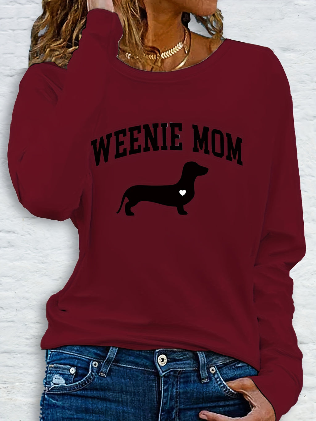 1pc Women'S Casual Long Sleeve T-Shirt with "Weenie Mom" Dachshund Print, Polyester Crew Neck Top for Spring & Fall, Regular Fit Letter Print Tee