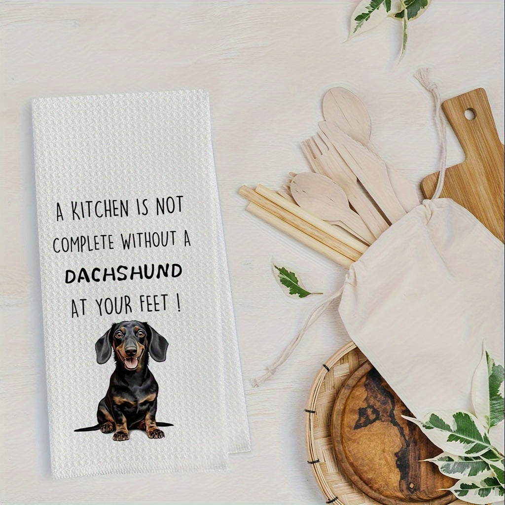 Dachshund Themed Polyester Dish Towels Set - 2 Pack, Waffle Weave Kitchen Hand Towels with Cute Dachshund Prints, Humorous Dog-Themed Gift for Pet Lovers