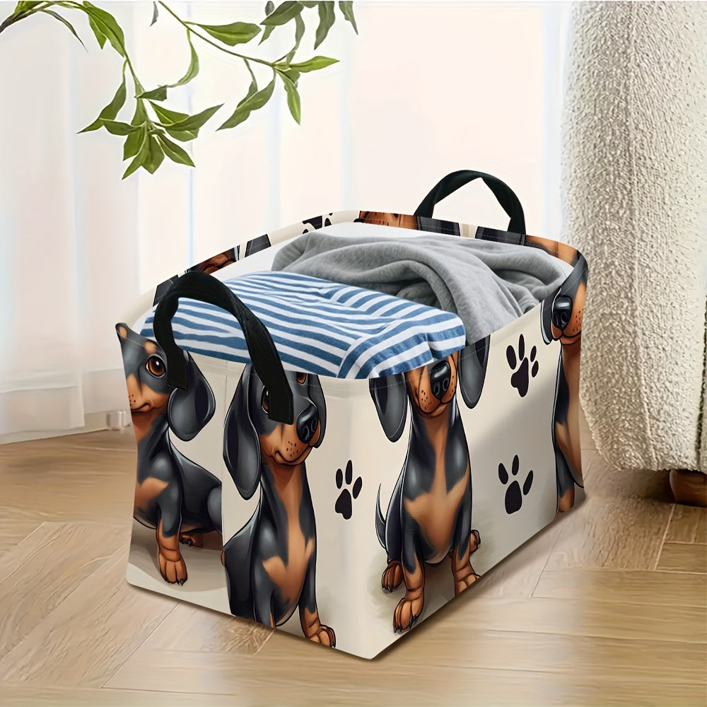 1pc Dachshund Art Print 2D Flat Themed Foldable Storage Basket | Extra Large Organizer with Sturdy Handles, Ideal for Laundry, Clothes, and Gifts, Made of Polyester, Shelf Baskets