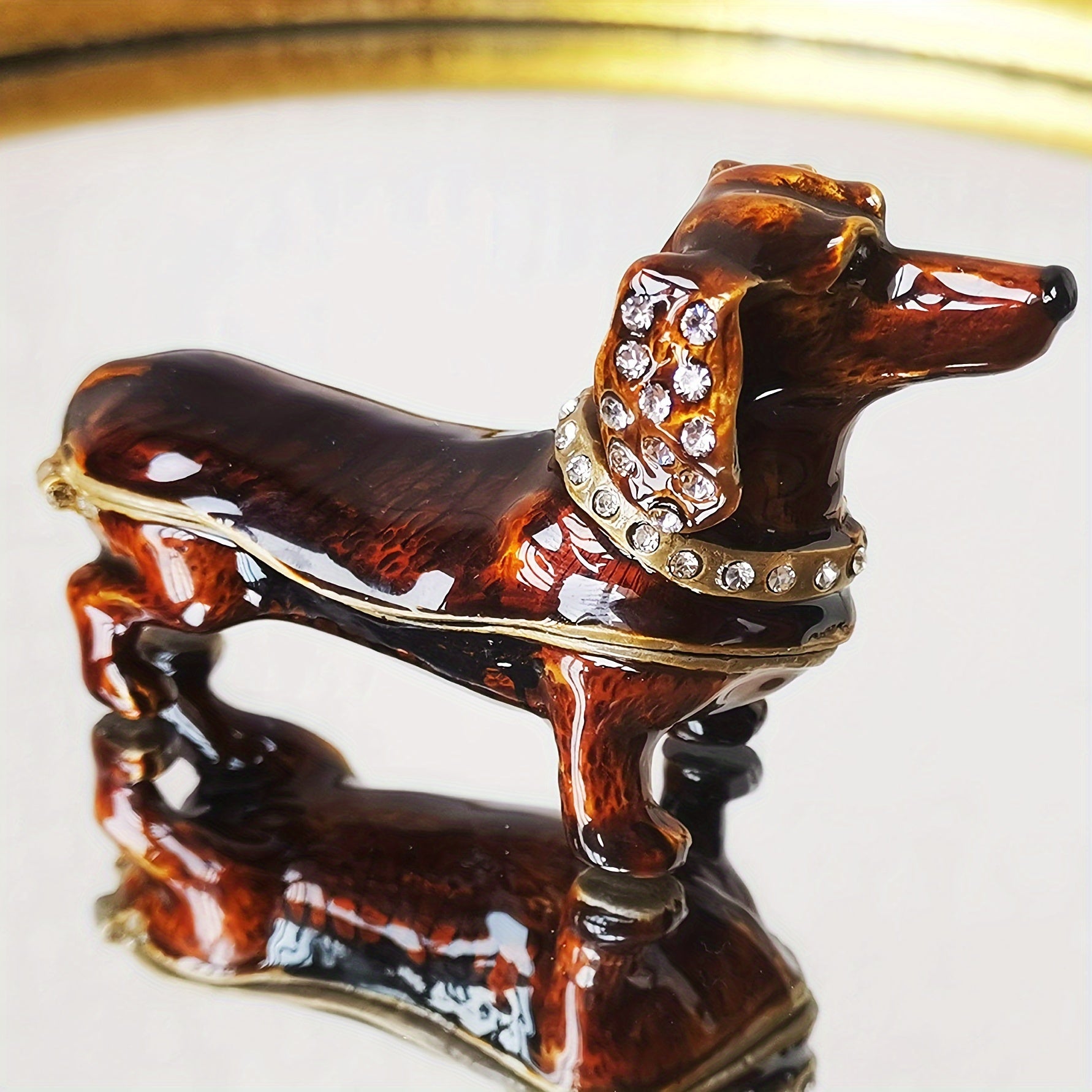 1pc Alloy Steel Bejeweled Dachshund Figurine Trinket Box - Miniature Puppy Sculpture with Glass Hinged Storage, Earrings & Ring Holder for Christmas Decor, Ideal Xmas Gift Ornament