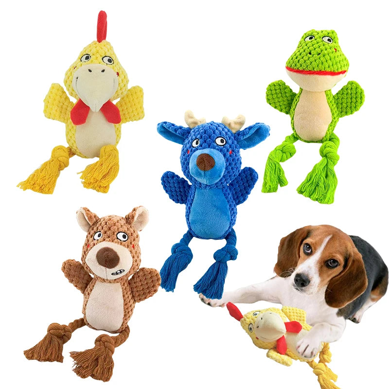 Animal Buddy Squeaker Dog Toy – Interactive Plush & Rope Chew for Puppies & Adults