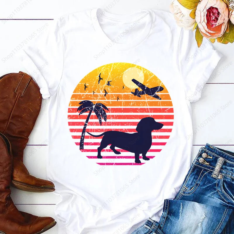 Dachshund Cute Dog T-shirt for Women Short Sleeve Casual Tops Ladies