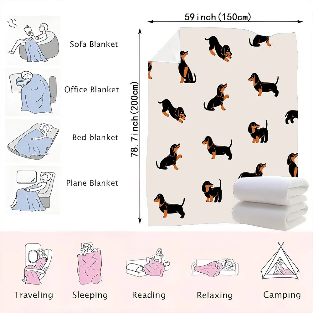 Dachshund Pattern Blanket - Soft and Cosy Printed Throw with Black & Tan Doxies in Playful Poses on Beige Background, Perfect