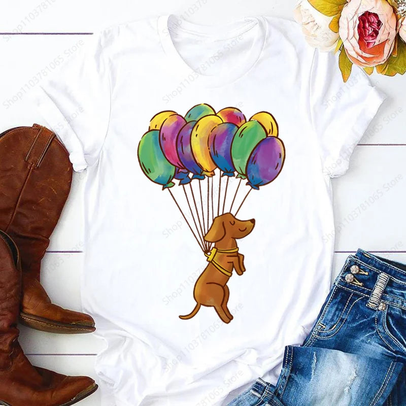 Dachshund Cute Dog T-shirt for Women Short Sleeve Casual Tops Ladies