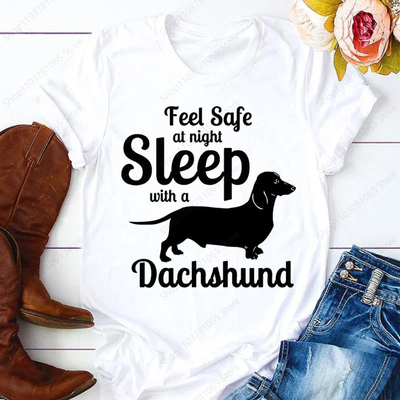 Dachshund Cute Dog T-shirt for Women Short Sleeve Casual Tops Ladies
