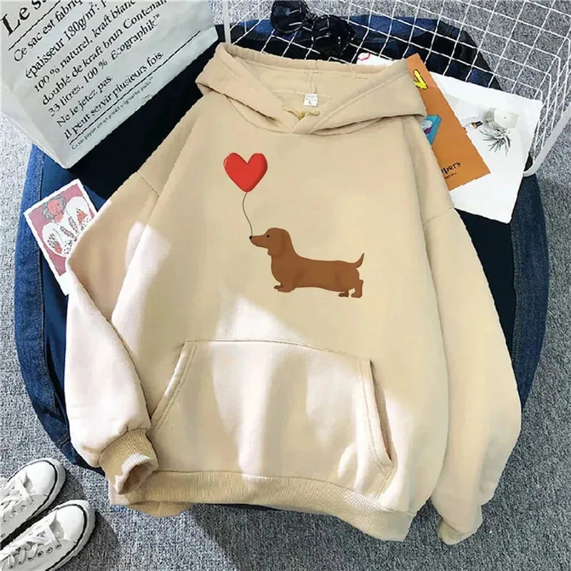 "I ❤️ Dachshunds" Cozy Fleece Hoodie – Oversized Pullover with Cute Doxie Graphic