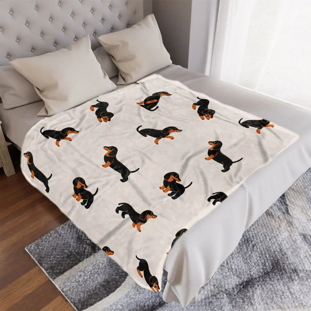 Dachshund Pattern Blanket - Soft and Cosy Printed Throw with Black & Tan Doxies in Playful Poses on Beige Background, Perfect