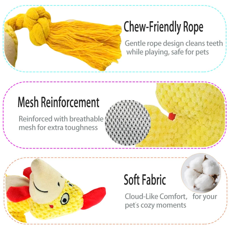 Animal Buddy Squeaker Dog Toy – Interactive Plush & Rope Chew for Puppies & Adults