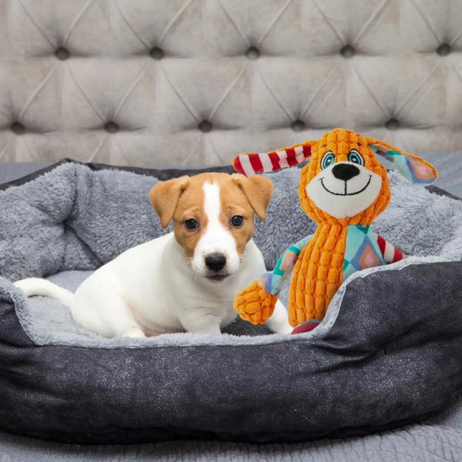 Juguete chirriador de vellón resistente para perros: peluche interactivo duradero para jugar y cuidar su salud dental.